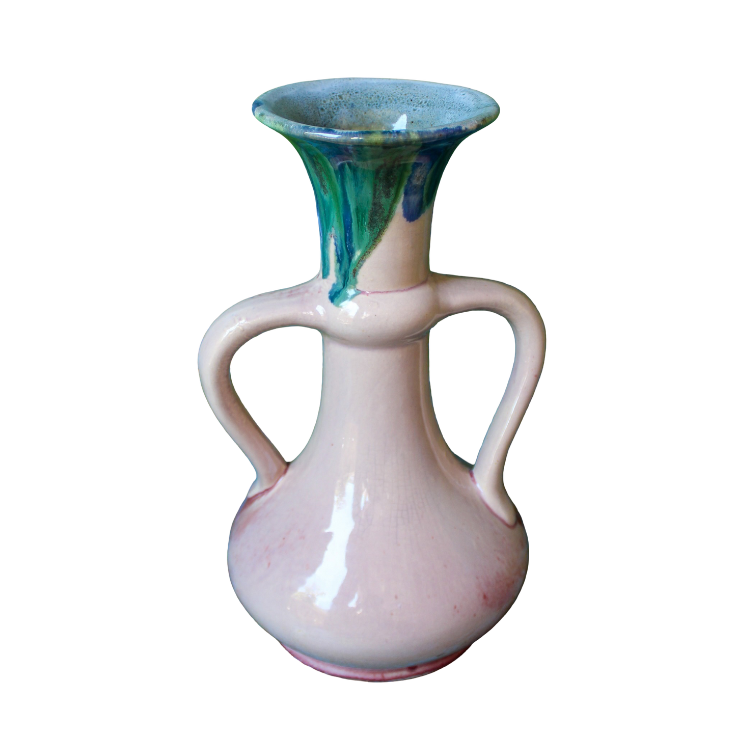 Pink Double-Handle Ceramic Vase with Blue/Green Detail