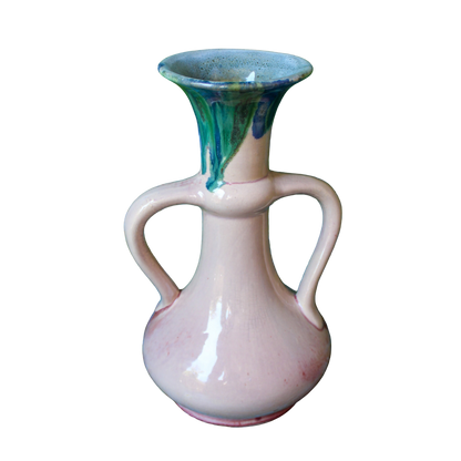 Pink Double-Handle Ceramic Vase with Blue/Green Detail