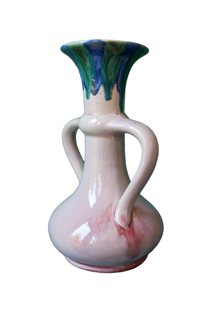 Pink Double-Handle Ceramic Vase with Blue/Green Detail