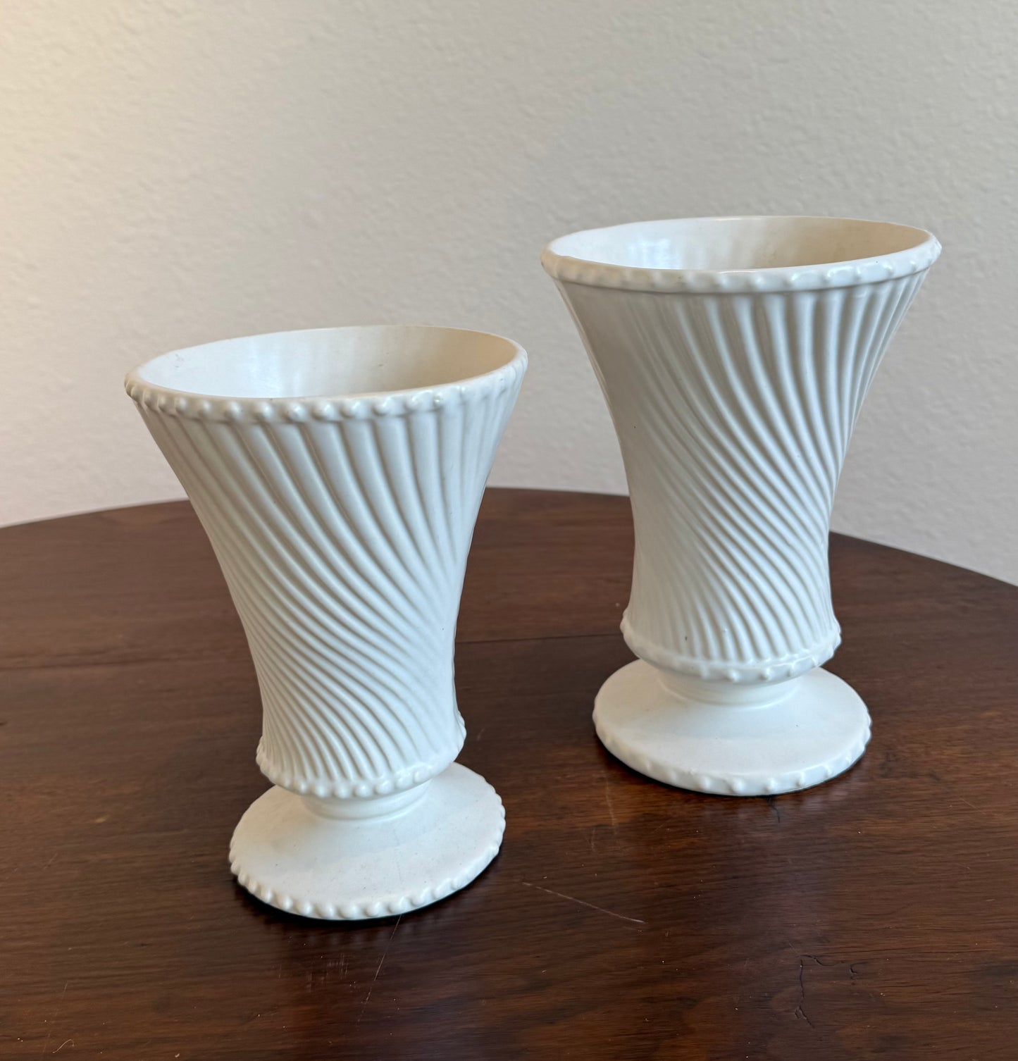 McCoy Pottery Swirl White Footed Vases - Set of 2 (Small & Large)