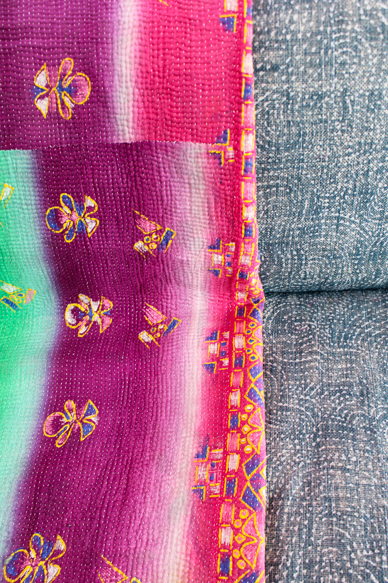 Kantha Blanket - Pink/Green Ombre & Plaid (Two-Sided)