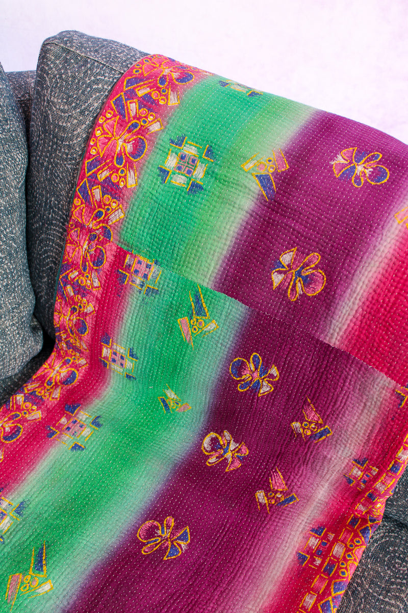 Kantha Blanket - Pink/Green Ombre & Plaid (Two-Sided)