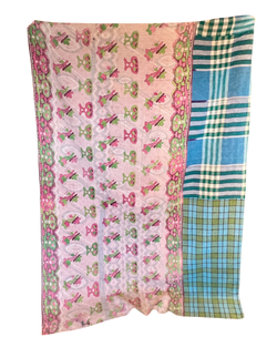 Kantha Blanket - Pink/Green Ombre & Plaid (Two-Sided)