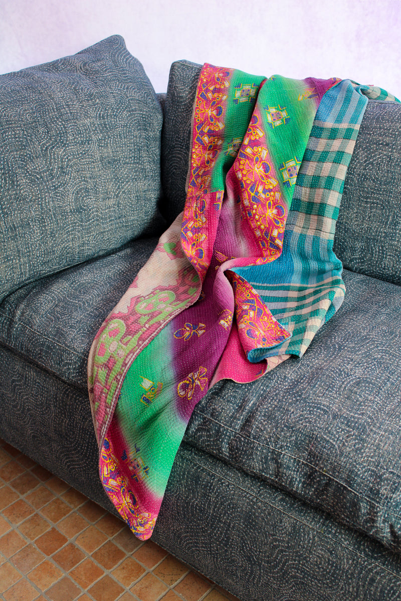 Kantha Blanket - Pink/Green Ombre & Plaid (Two-Sided)