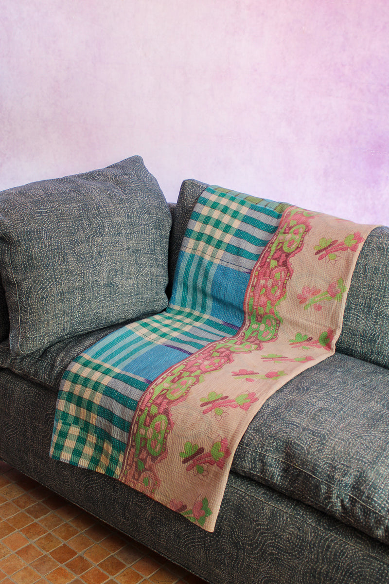 Kantha Blanket - Pink/Green Ombre & Plaid (Two-Sided)