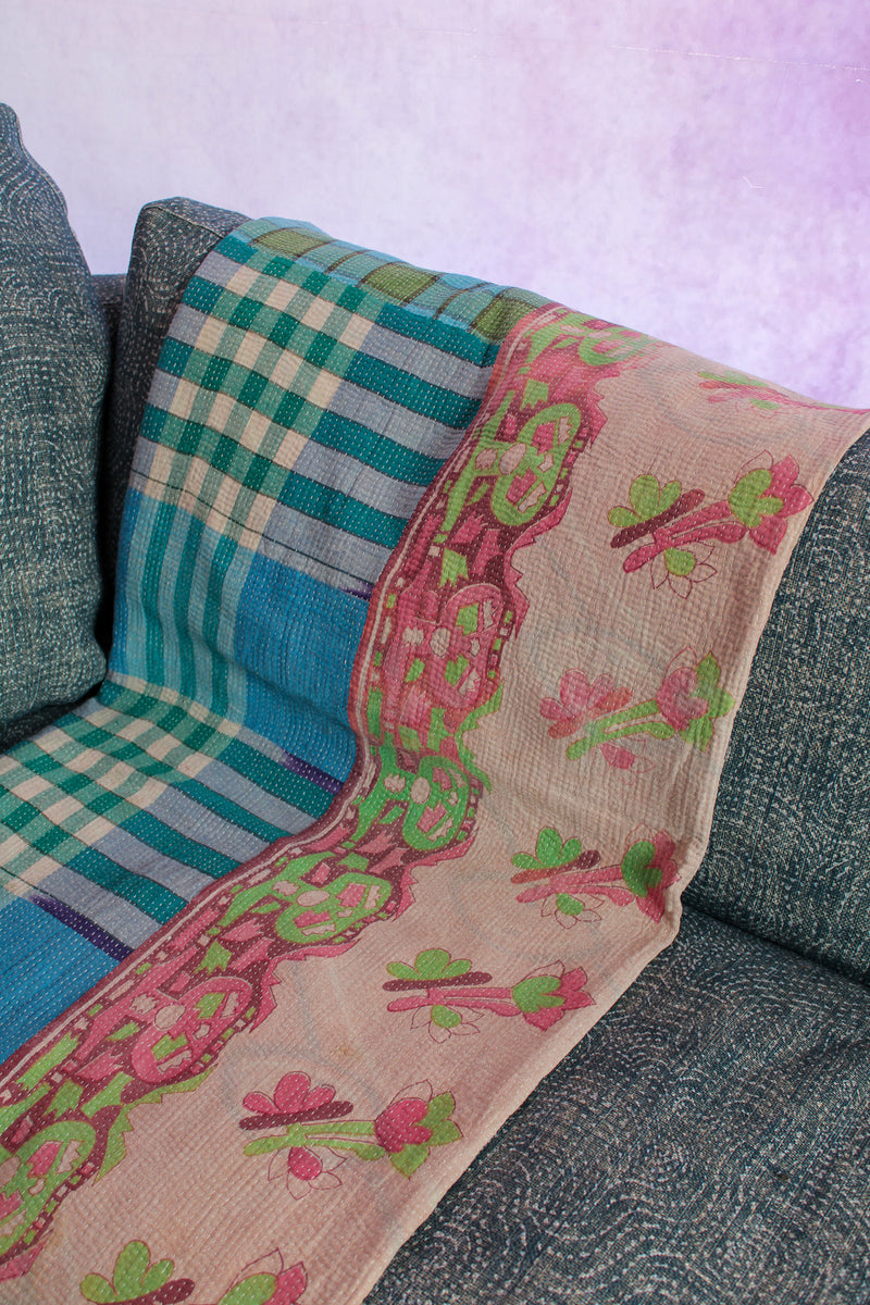 Kantha Blanket - Pink/Green Ombre & Plaid (Two-Sided)