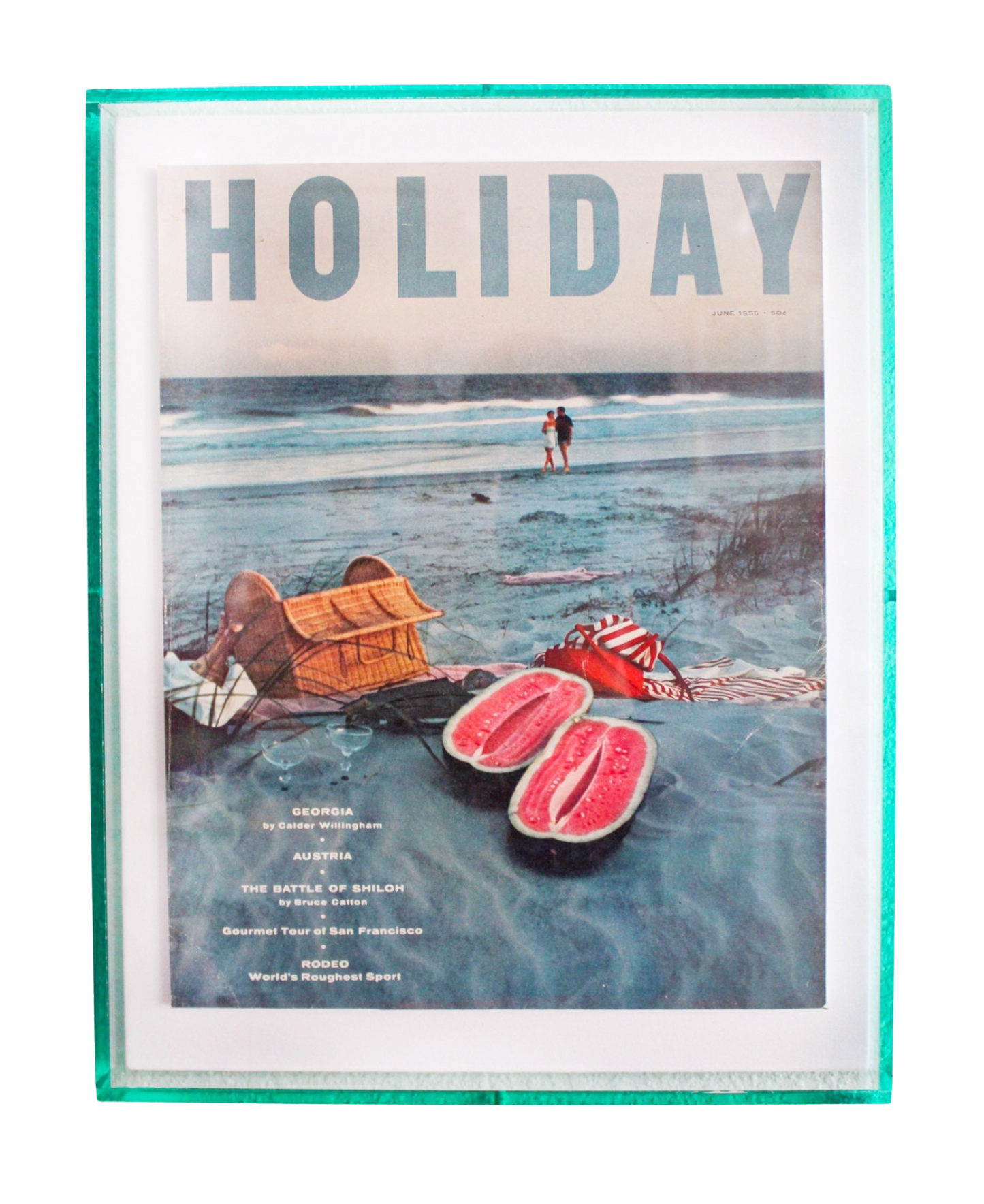 Framed Holiday Magazine Cover - June 1956 "Georgia (Beach Picnic with Watermelon)" in Pink Frame