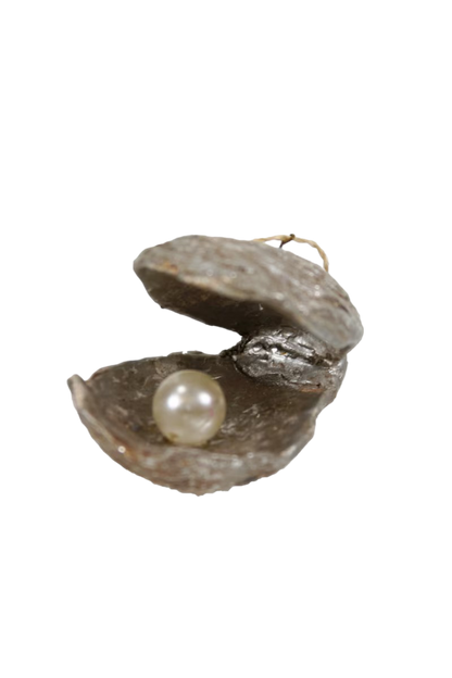 Silver Paper Mache Oyster w/ Pearl Ornament