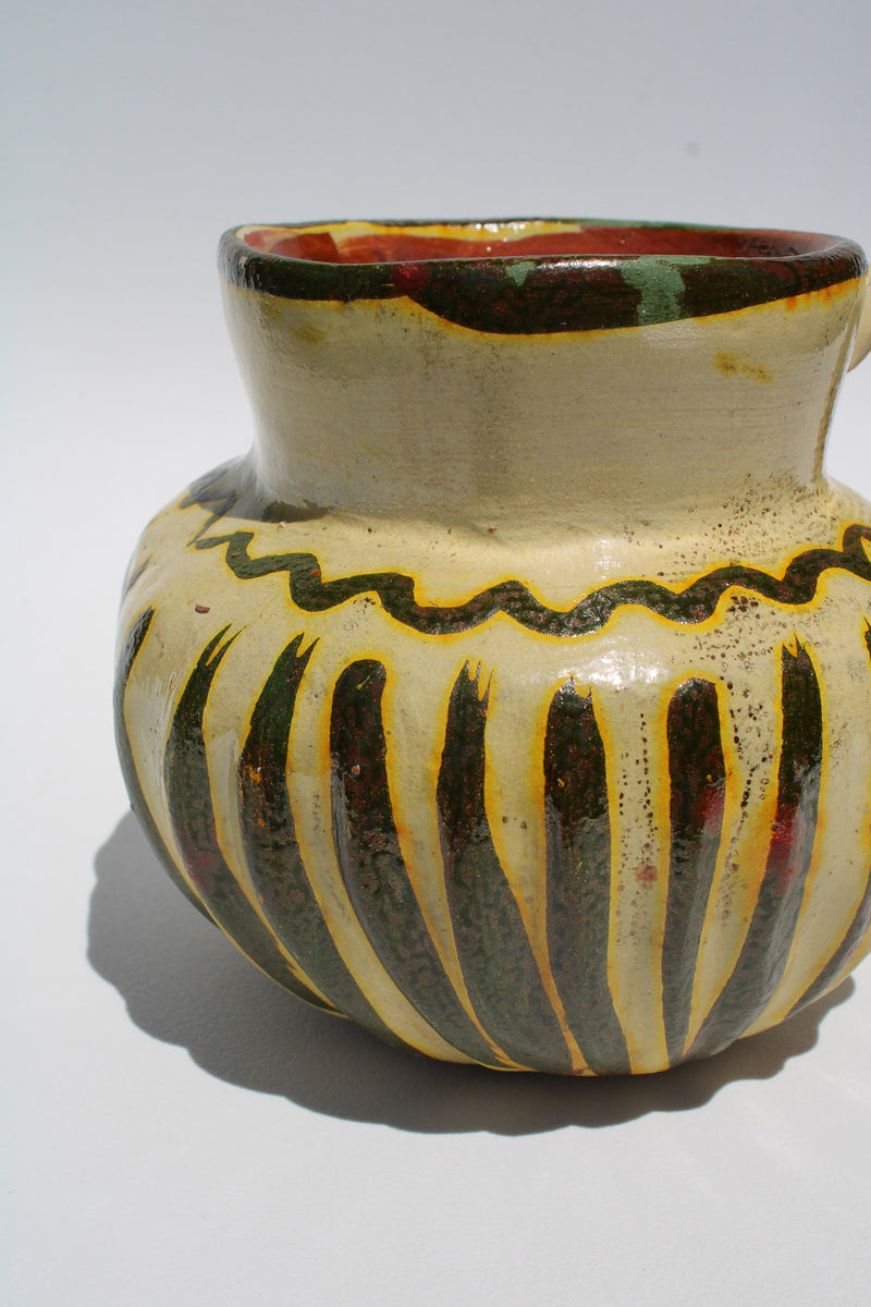 Textural Striped Redware Pitcher with Metallic Interior