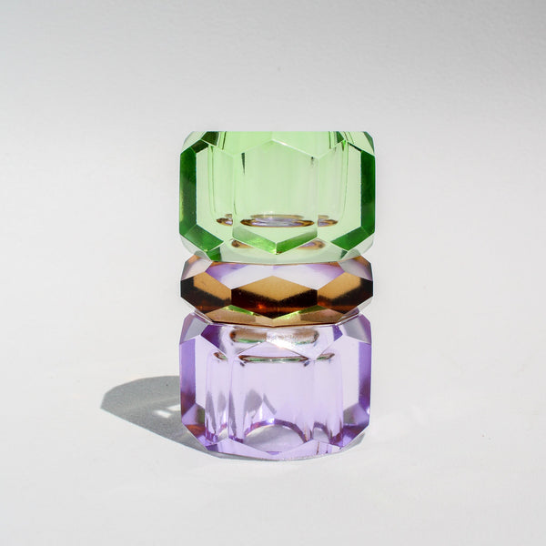 Triple Stacked Crystal Candleholder - Violet/Brown/Green