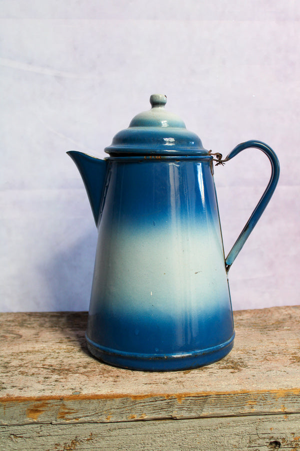 Vintage French Enamelware Coffee Pot - Blue and White