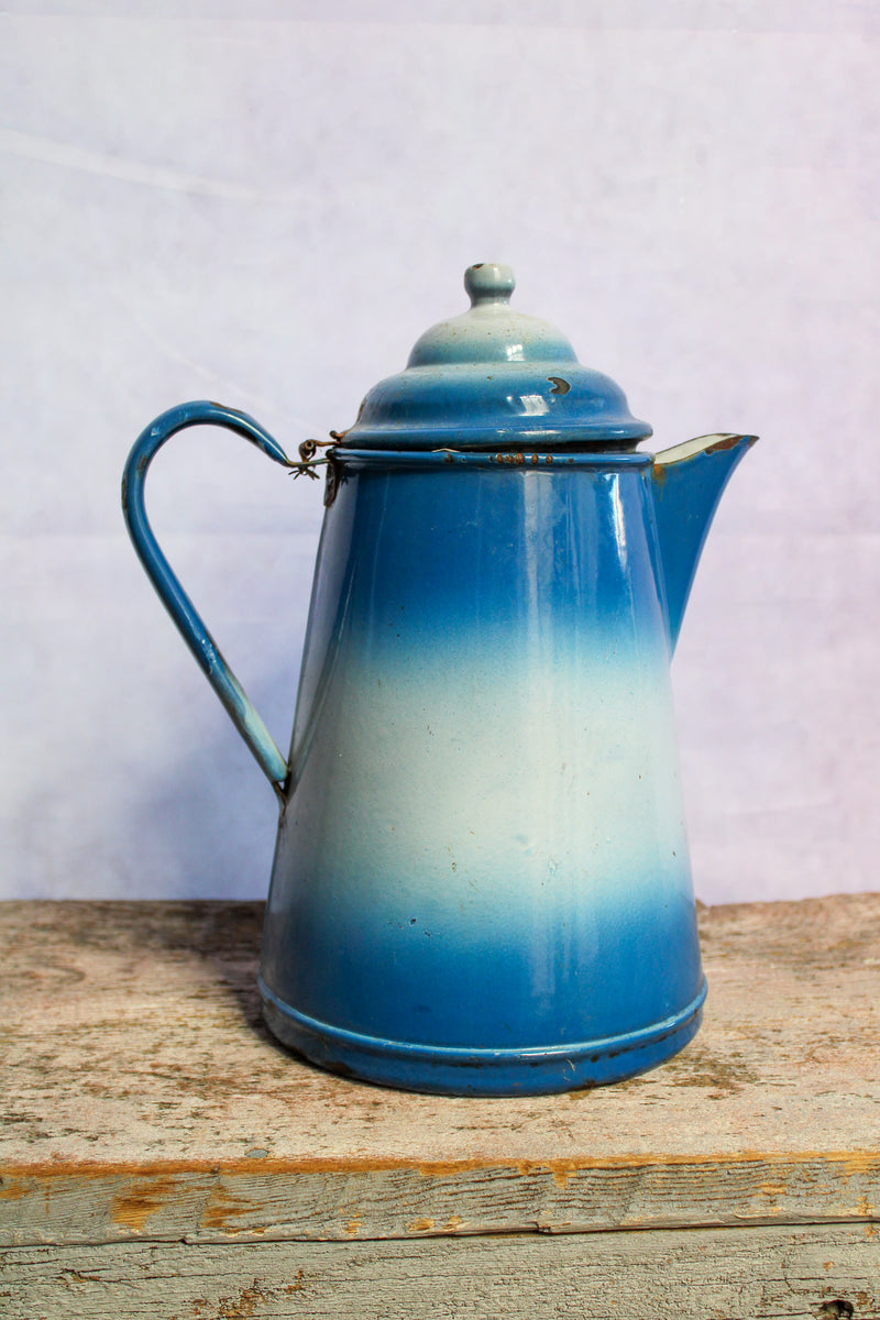 Vintage French Enamelware Coffee Pot - Blue and White