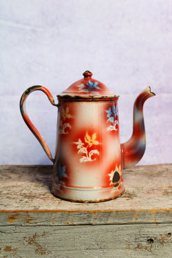 Vintage French Enamelware Coffee Pot - Red, Yellow, Blue Stencil