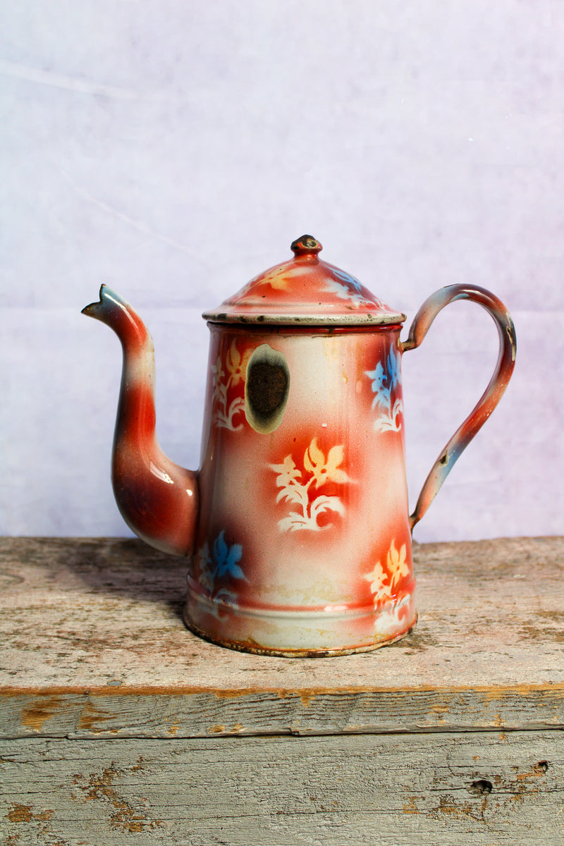 Vintage French Enamelware Coffee Pot - Red, Yellow, Blue Stencil