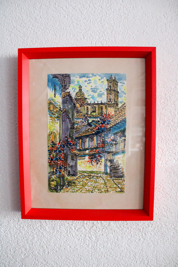 Framed Vintage Painting - European Street Scene