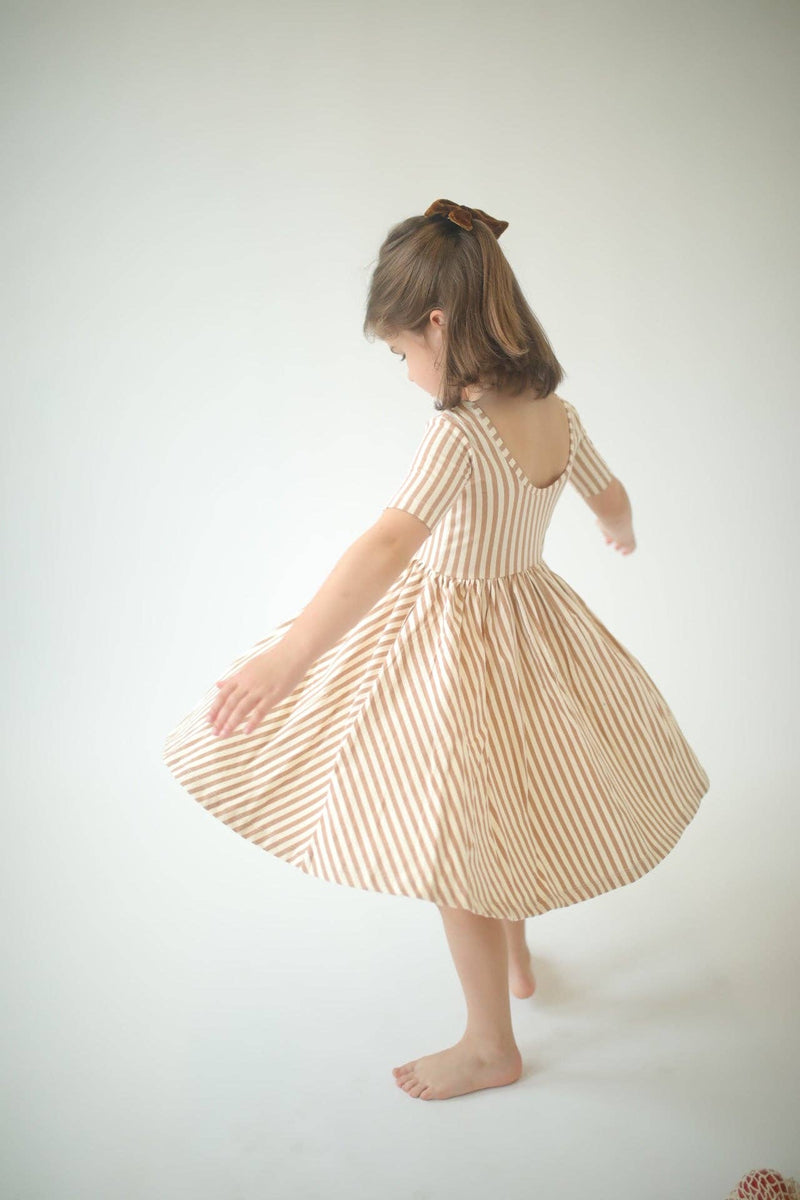 Short Sleeve Twirl Dress - Toffee Stripes