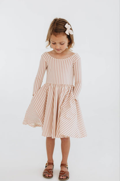 Three-Quarter Sleeve Twirl Dress - Pink Stripes
