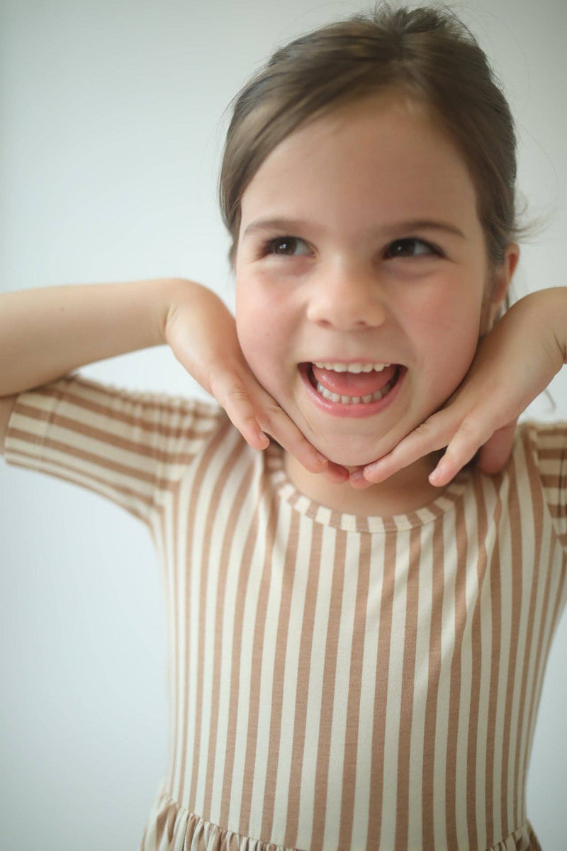 Short Sleeve Twirl Dress - Toffee Stripes