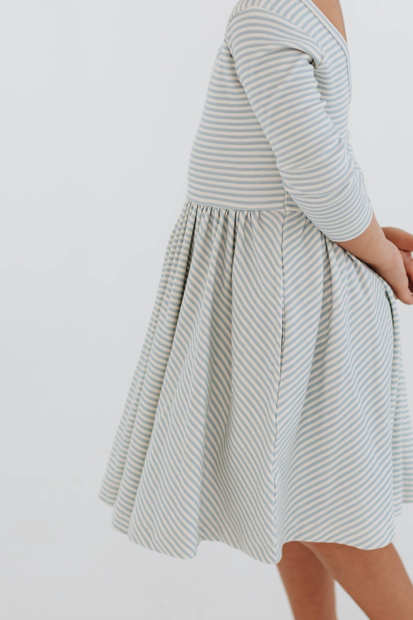 Three-Quarter Sleeve Twirl Dress - Horizontal Blue Stripes