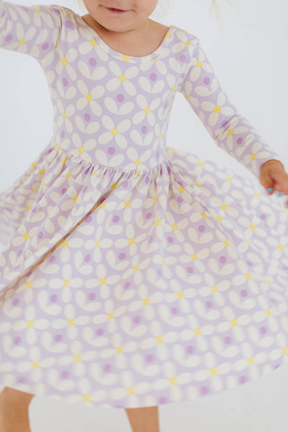 Three-Quarter Sleeve Twirl Dress - Pale Purple Petals
