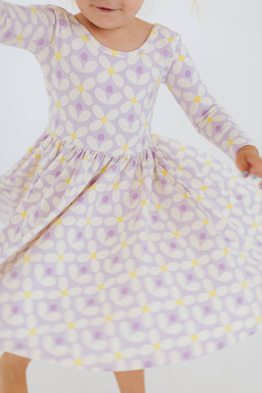 Three-Quarter Sleeve Twirl Dress - Pale Purple Petals