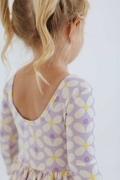 Three-Quarter Sleeve Twirl Dress - Pale Purple Petals