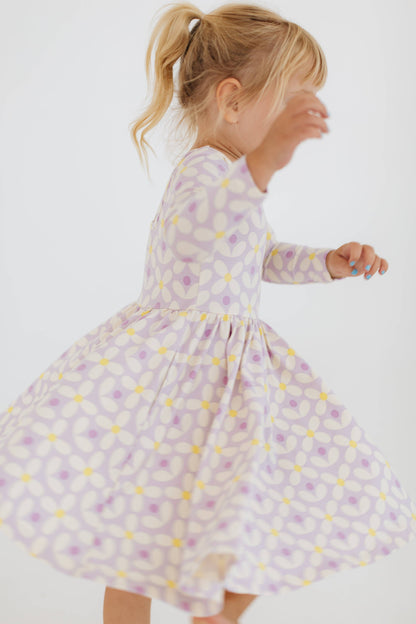 Three-Quarter Sleeve Twirl Dress - Pale Purple Petals