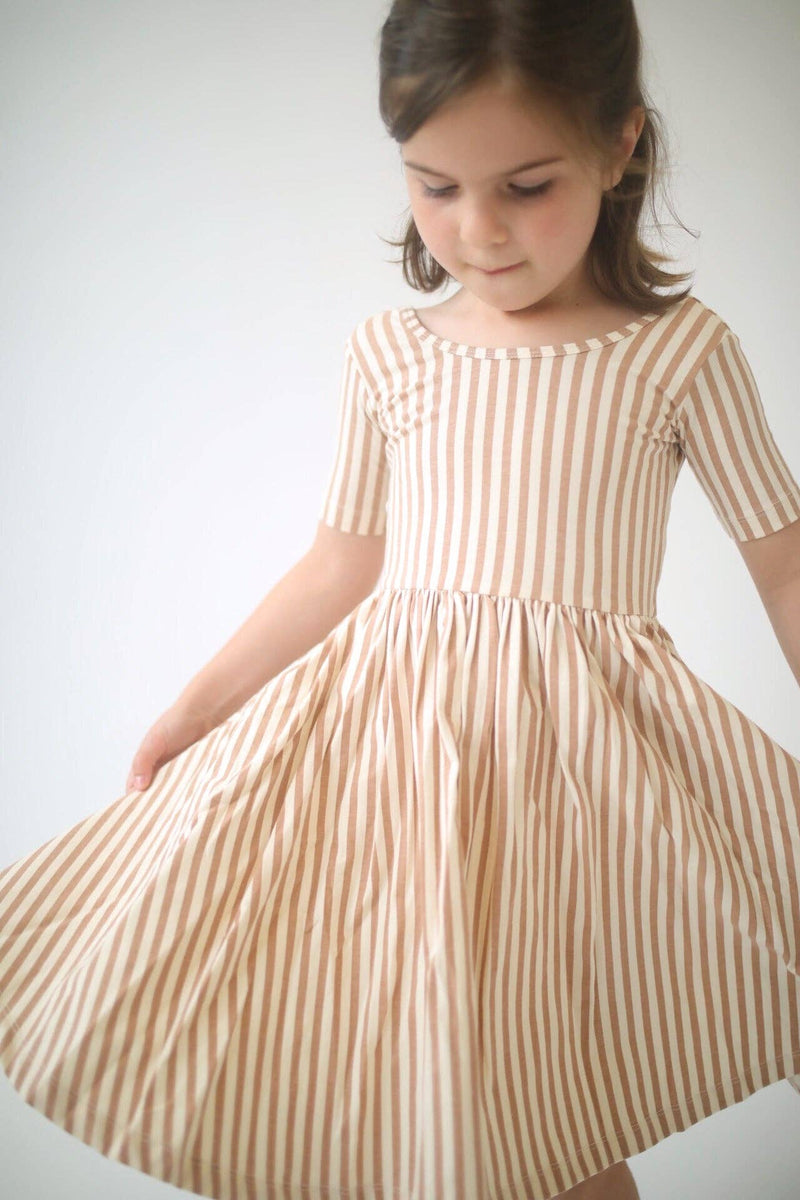 Short Sleeve Twirl Dress - Toffee Stripes