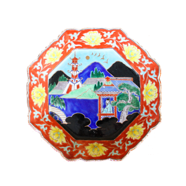 Shaped Japanese Plate with Pagoda Scene